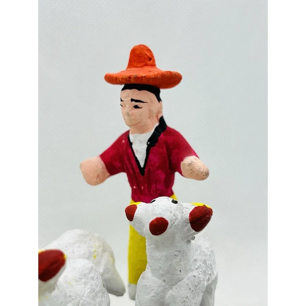Vintage Mexican Folk Art Man Herding Sheep Clay Wire‎ Herder Farmer Lambs